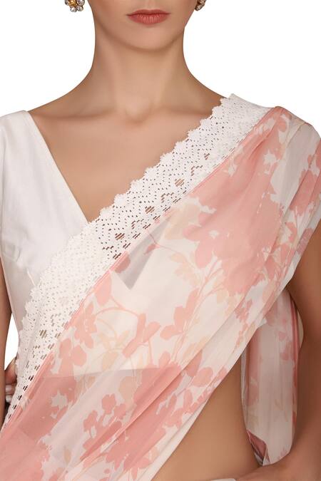 Shop_Varun Bahl_Pink Chanderi V Neck Printed Saree With Blouse_Online_at_Aza_Fashions