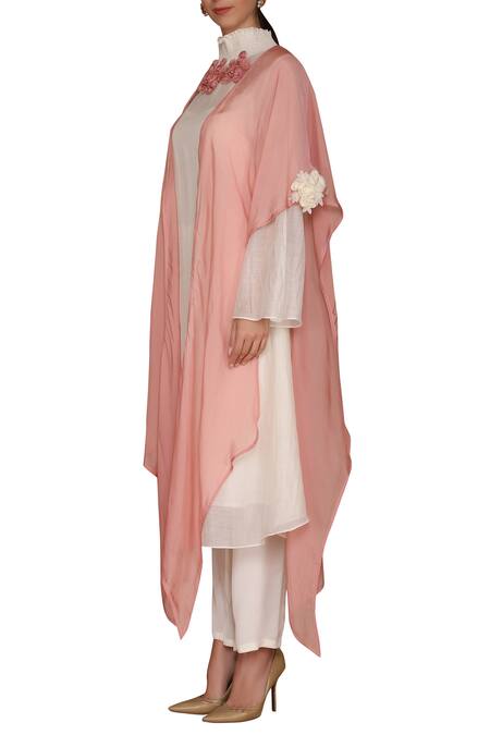 Varun Bahl_Pink Chanderi Kurta High Neck Asymmetric Cape And Set_Online_at_Aza_Fashions