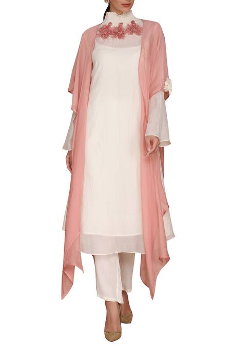 Shop_Varun Bahl_Pink Chanderi Kurta High Neck Asymmetric Cape And Set_Online_at_Aza_Fashions