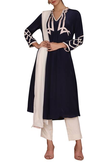 Shop_Varun Bahl_Blue Georgette Band Collar Flared Kurta Set_Online_at_Aza_Fashions