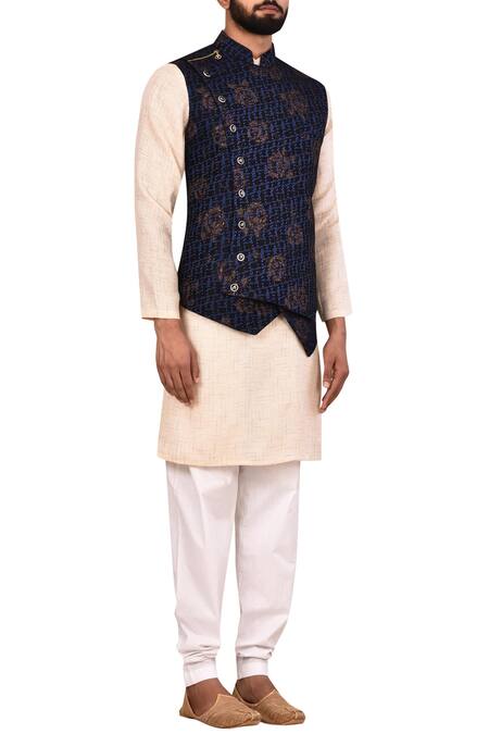 Arihant Rai Sinha_Blue Terry Rayon Overlap Bundi_Online_at_Aza_Fashions