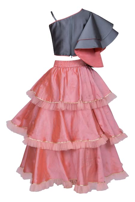 Shop Kids Lane Grey Silk Embroidered Top With Skirt at Aza Fashions Shop_Kids Lane_Grey Silk Embroidered Top With Skirt _at_Aza_Fashions