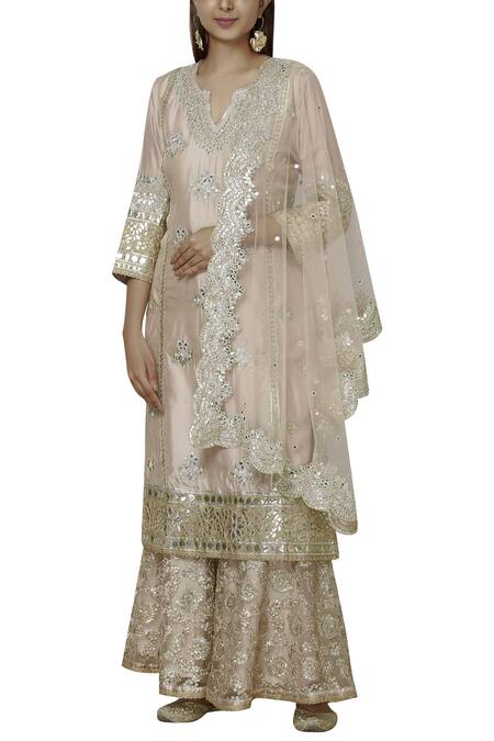 Aditi Beriwala Peach Dupion Silk Notched Embroidered Kurta Sharara Set Online at Aza Fashions Aditi Beriwala_Peach Dupion Silk Notched Embroidered Kurta Sharara Set_Online_at_Aza_Fashions