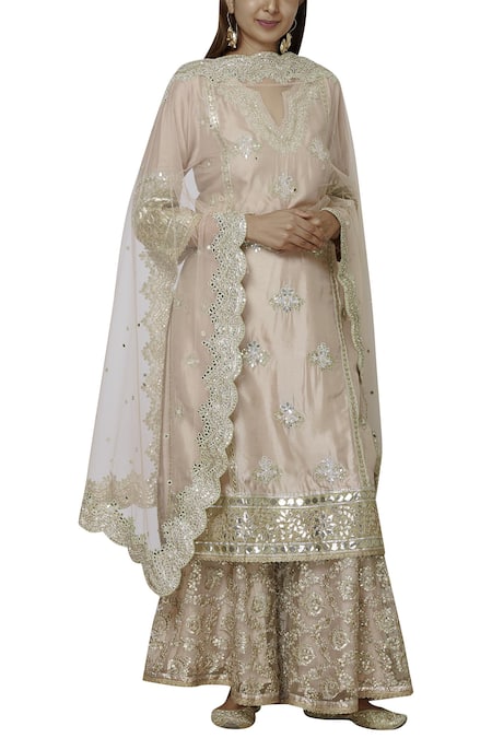 Aditi Beriwala Peach Dupion Silk Notched Embroidered Kurta Sharara Set