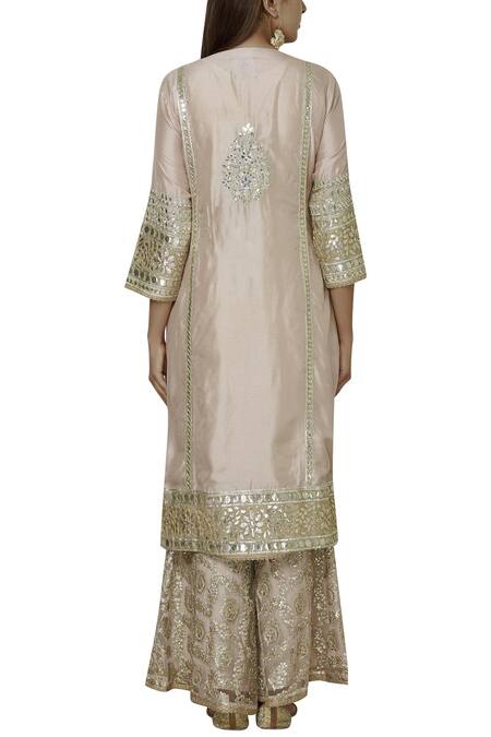 Shop Aditi Beriwala Peach Dupion Silk Notched Embroidered Kurta Sharara Set at Aza Fashions Shop_Aditi Beriwala_Peach Dupion Silk Notched Embroidered Kurta Sharara Set_at_Aza_Fashions