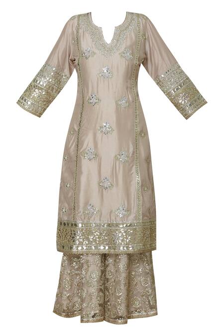 Buy Aditi Beriwala Peach Dupion Silk Notched Embroidered Kurta Sharara Set Online at Aza Fashions Buy_Aditi Beriwala_Peach Dupion Silk Notched Embroidered Kurta Sharara Set_Online_at_Aza_Fashions