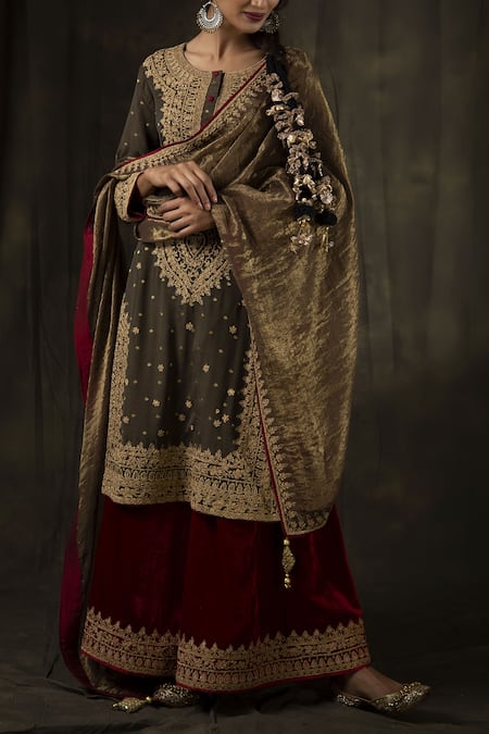 Heena Kochhar Brown Embroidered Kurta Sharara Set