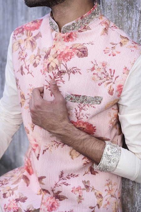 pink floral nehru jacket