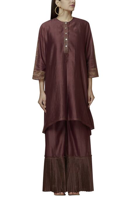 Buy_Urvashi Kaur_Wine Chanderi Silk Embroidery Round Neck Asymmetric Tunic With Inner _Online_at_Aza_Fashions