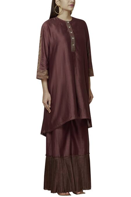 Urvashi Kaur_Wine Chanderi Silk Embroidery Round Neck Asymmetric Tunic With Inner _Online_at_Aza_Fashions