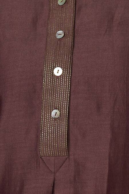 Urvashi Kaur_Wine Chanderi Silk Embroidery Round Neck Asymmetric Tunic With Inner _at_Aza_Fashions