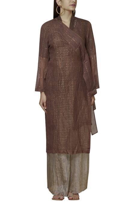 Shop Urvashi Kaur Pink Kota Doria Zari Shawl Neck Woven Checks Wrap Jacket Style Kurta Online at Aza Fashions Shop_Urvashi Kaur_Pink Kota Doria Zari Shawl Neck Woven Checks Wrap Jacket Style Kurta _Online_at_Aza_Fashions