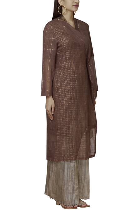 Urvashi Kaur Pink Kota Doria Zari Shawl Neck Woven Checks Wrap Jacket Style Kurta Online at Aza Fashions Urvashi Kaur_Pink Kota Doria Zari Shawl Neck Woven Checks Wrap Jacket Style Kurta _Online_at_Aza_Fashions