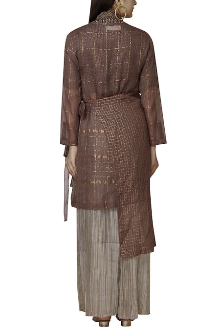 Shop Urvashi Kaur Pink Kota Doria Zari Shawl Neck Woven Checks Wrap Jacket Style Kurta at Aza Fashions Shop_Urvashi Kaur_Pink Kota Doria Zari Shawl Neck Woven Checks Wrap Jacket Style Kurta _at_Aza_Fashions