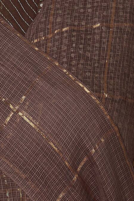 Urvashi Kaur Pink Kota Doria Zari Shawl Neck Woven Checks Wrap Jacket Style Kurta at Aza Fashions Urvashi Kaur_Pink Kota Doria Zari Shawl Neck Woven Checks Wrap Jacket Style Kurta _at_Aza_Fashions