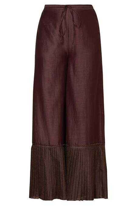 Shop Urvashi Kaur Wine Chanderi Silk Wide Leg Pant With Pleated Hem at Aza Fashions Shop_Urvashi Kaur_Wine Chanderi Silk Wide Leg Pant With Pleated Hem _at_Aza_Fashions