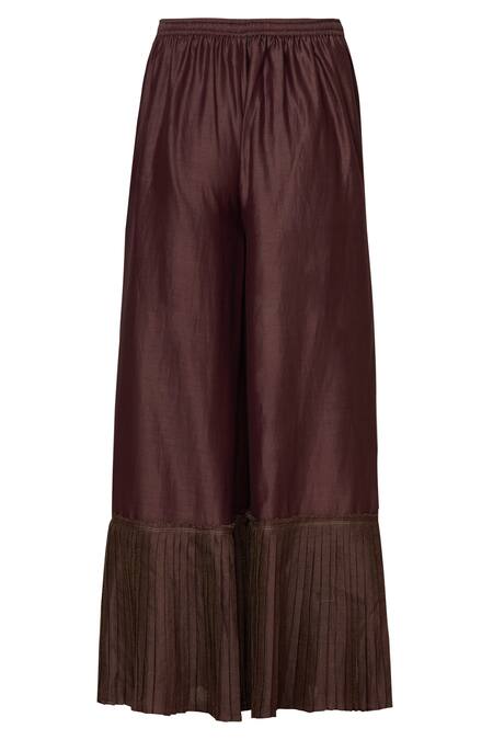 Urvashi Kaur Wine Chanderi Silk Wide Leg Pant With Pleated Hem Online at Aza Fashions Urvashi Kaur_Wine Chanderi Silk Wide Leg Pant With Pleated Hem _Online_at_Aza_Fashions