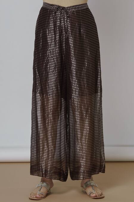 Shop Urvashi Kaur Brown Tissue, Silk Zari Striped Pant at Aza Fashions Shop_Urvashi Kaur_Brown Tissue, Silk Zari Striped Pant _at_Aza_Fashions