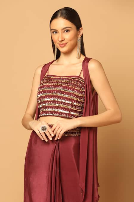 Shop Two Sisters By Gyans Maroon Chiffon Beads, Sequins, Crystals High Low Hem Cape And Draped Skirt Set Online at Aza Fashions Shop_Two Sisters By Gyans_Maroon Chiffon Beads, Sequins, Crystals High Low Hem Cape And Draped Skirt Set _Online_at_Aza_Fashions
