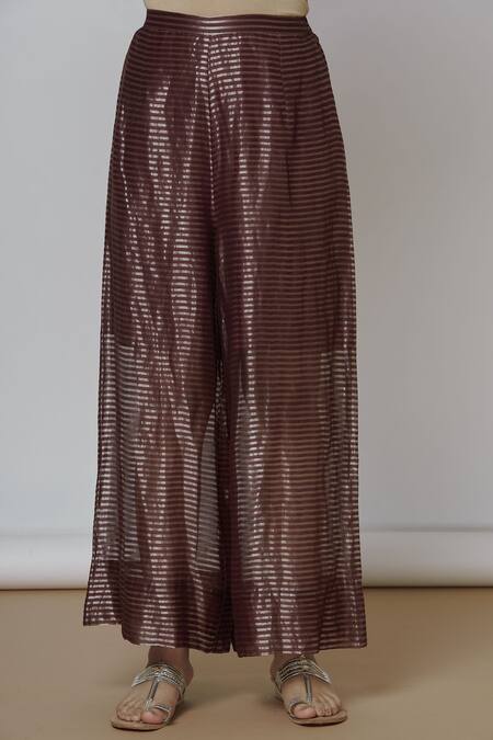Shop Urvashi Kaur Brown Tissue, Silk Zari Striped Pant at Aza Fashions Shop_Urvashi Kaur_Brown Tissue, Silk Zari Striped Pant _at_Aza_Fashions