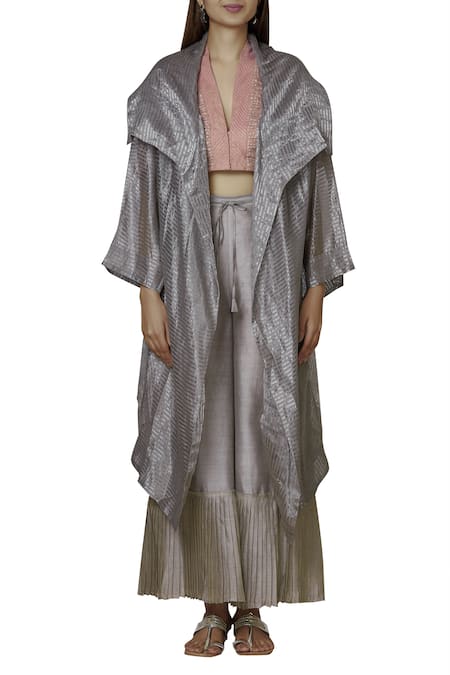 Shop_Urvashi Kaur_Silver Tissue, Silk Zari Shawl Neck Striped Jacket _Online_at_Aza_Fashions