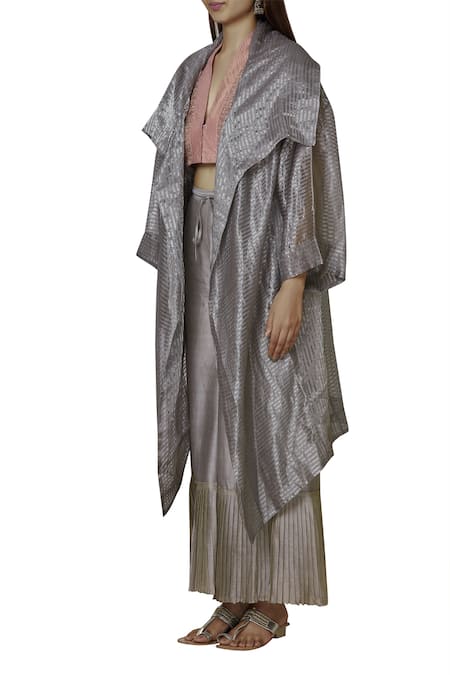 Buy_Urvashi Kaur_Silver Tissue, Silk Zari Shawl Neck Striped Jacket _Online_at_Aza_Fashions