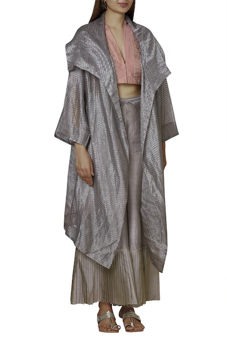 Urvashi Kaur_Silver Tissue, Silk Zari Shawl Neck Striped Jacket _Online_at_Aza_Fashions
