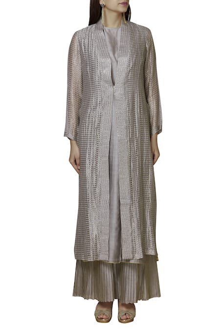 Shop_Urvashi Kaur_Silver Tissue, Silk Zari Open Neck Striped Longline Jacket _Online_at_Aza_Fashions
