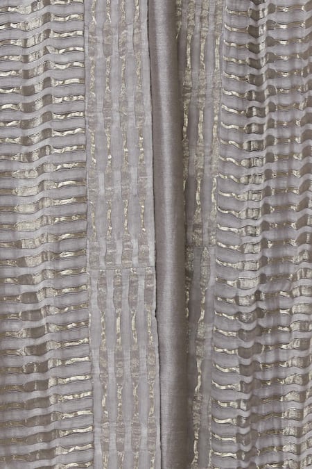 Urvashi Kaur_Silver Tissue, Silk Zari Open Neck Striped Longline Jacket _at_Aza_Fashions