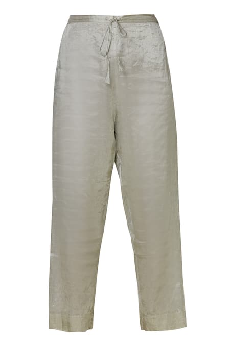 Shop Urvashi Kaur Silver Chanderi Silk Crushed Calf-length Pants at Aza Fashions Shop_Urvashi Kaur_Silver Chanderi Silk Crushed Calf-length Pants _at_Aza_Fashions