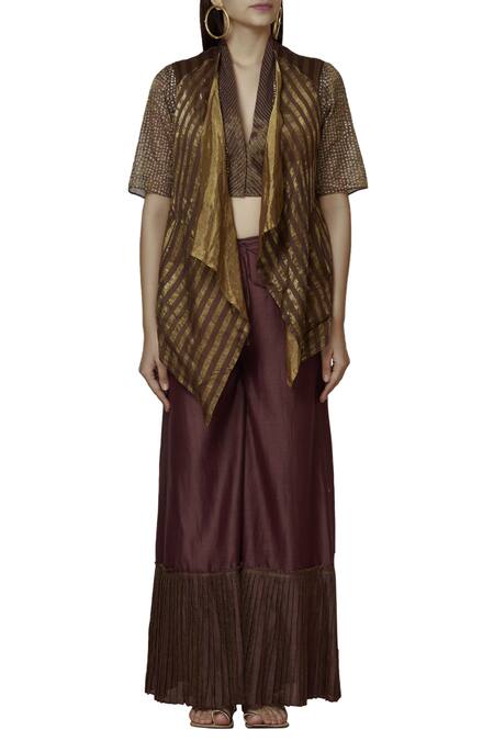 Buy_Urvashi Kaur_Brown Tissue, Silk Open Neck Striped Woven Reversible Handkerchief Jacket _Online_at_Aza_Fashions