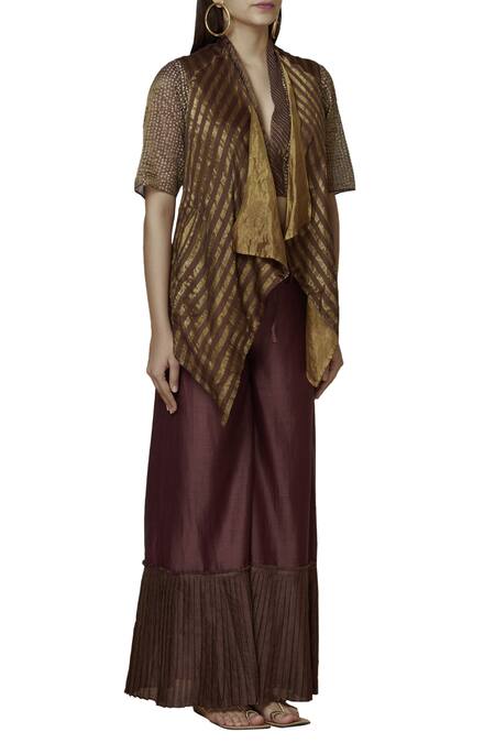 Urvashi Kaur_Brown Tissue, Silk Open Neck Striped Woven Reversible Handkerchief Jacket _Online_at_Aza_Fashions