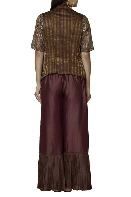 Urvashi Kaur_Brown Tissue, Silk Open Neck Striped Woven Reversible Handkerchief Jacket _at_Aza_Fashions