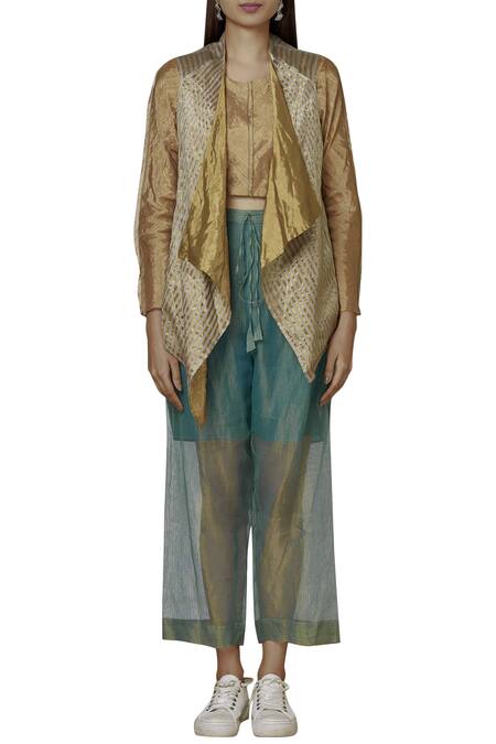 Shop_Urvashi Kaur_Gold Tissue, Silk Open Neck Woven Striped Reversible Handkerchief Jacket _Online_at_Aza_Fashions
