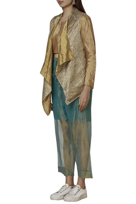 Buy_Urvashi Kaur_Gold Tissue, Silk Open Neck Woven Striped Reversible Handkerchief Jacket _Online_at_Aza_Fashions