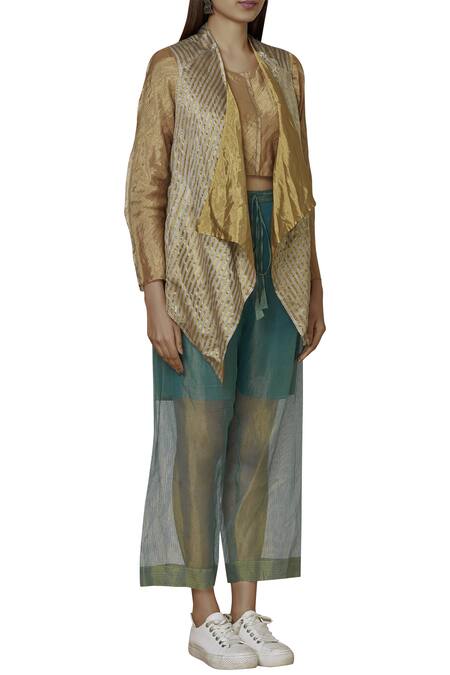 Urvashi Kaur_Gold Tissue, Silk Open Neck Woven Striped Reversible Handkerchief Jacket _Online_at_Aza_Fashions