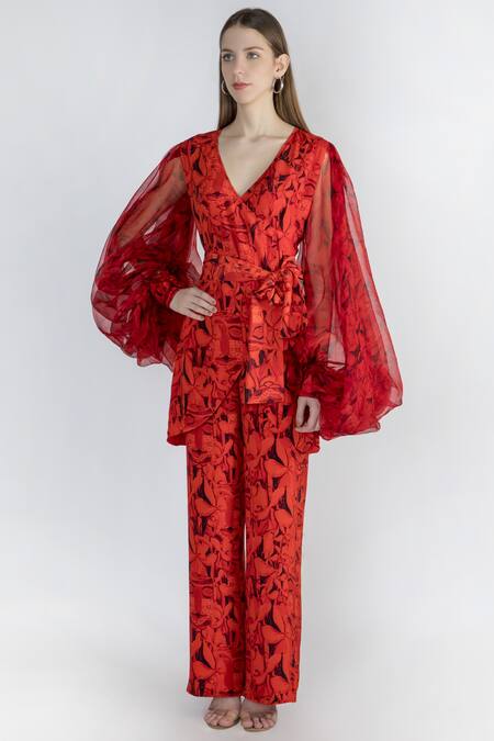 Masaba_Red Crepe Printed Pant Set_Online_at_Aza_Fashions