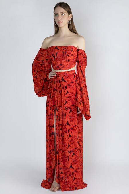 Masaba Red Crepe Printed Skirt Set Online at Aza Fashions Masaba_Red Crepe Printed Skirt Set_Online_at_Aza_Fashions