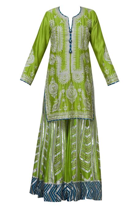 Buy_Simar Dugal_Blue Chanderi Round Kurta Gharara Set  _Online_at_Aza_Fashions