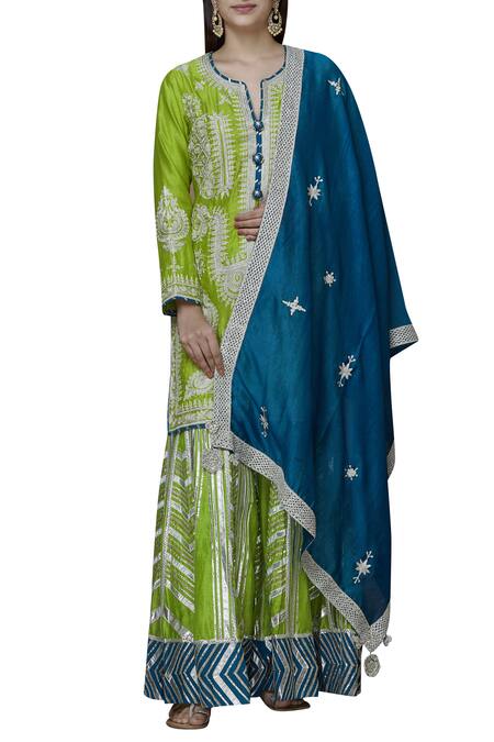 Simar Dugal_Blue Chanderi Round Kurta Gharara Set  _Online_at_Aza_Fashions
