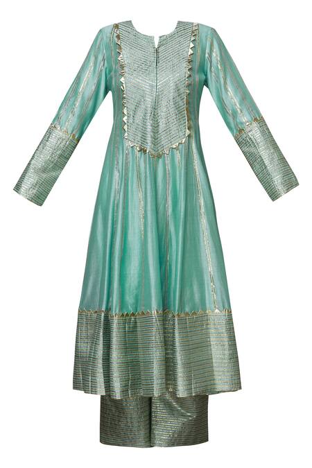 Buy_Simar Dugal_Green Chanderi Round Anarkali Set  _Online_at_Aza_Fashions