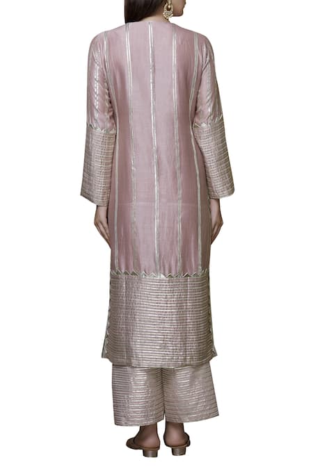 Shop_Simar Dugal_Pink Chanderi Round Kurta Set  _at_Aza_Fashions