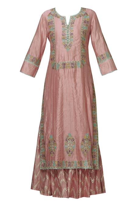 Buy Simar Dugal Pink Chanderi Round Kurta Sharara Set Online at Aza Fashions Buy_Simar Dugal_Pink Chanderi Round Kurta Sharara Set _Online_at_Aza_Fashions