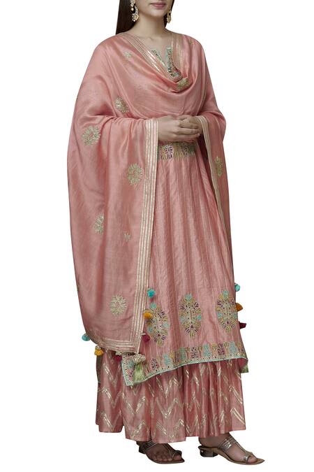 Simar Dugal Pink Chanderi Round Kurta Sharara Set Online at Aza Fashions Simar Dugal_Pink Chanderi Round Kurta Sharara Set _Online_at_Aza_Fashions
