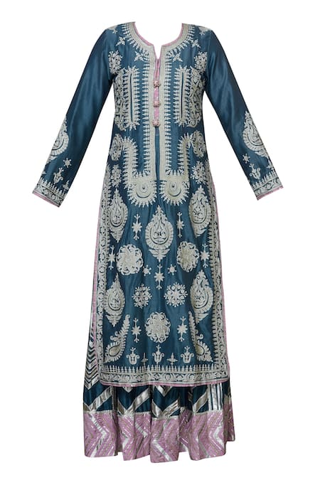 Buy_Simar Dugal_Blue Chanderi Round Kurta Gharara Set  _Online_at_Aza_Fashions