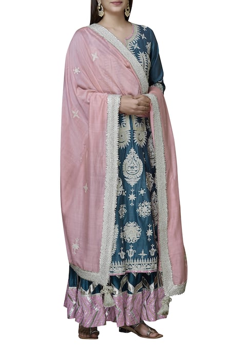 Simar Dugal Blue Chanderi Round Kurta Gharara Set  