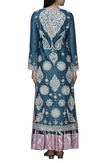 Shop_Simar Dugal_Blue Chanderi Round Kurta Gharara Set  _at_Aza_Fashions