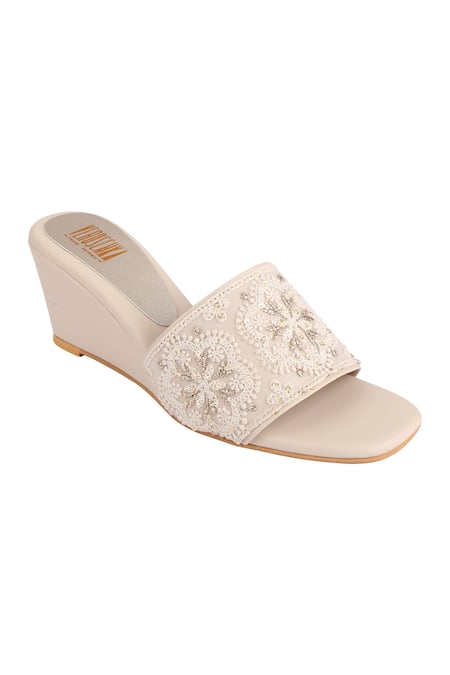 Shop Veruschka By Payal Kothari Cream Zari And Thread Embroidered Wedges at Aza Fashions Shop_Veruschka By Payal Kothari_Cream Zari And Thread Embroidered Wedges _at_Aza_Fashions