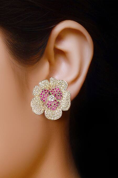 Shop_Tsara_Silver Plated Crystal Floral Studs_at_Aza_Fashions