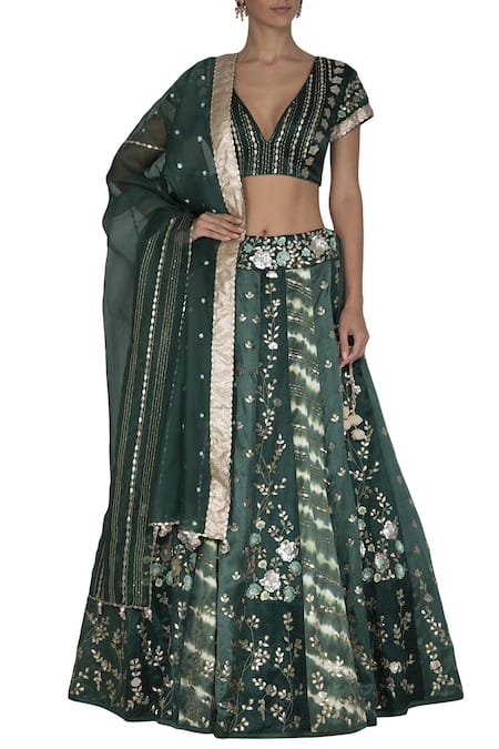 Devnaagri Green Gajji Silk V Neck Embroidered Bridal Lehenga Set 